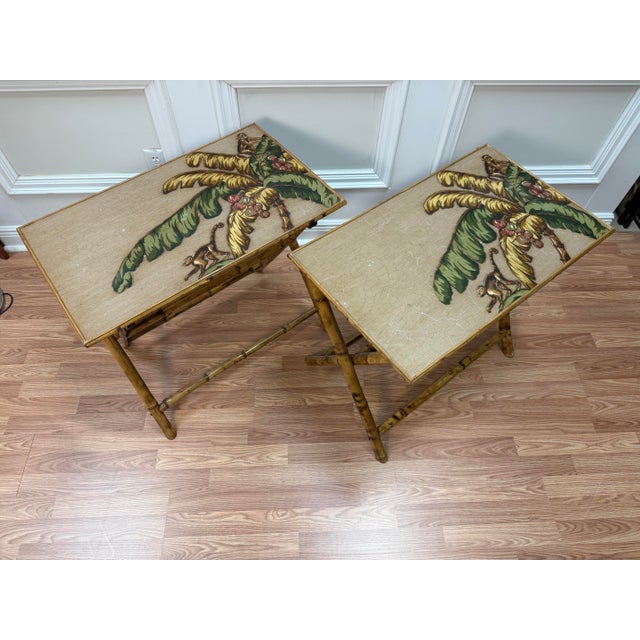 Vintage Chic Bamboo Folding Tray Tables With Painted Monkey Motif - Pair For Sale - Image 4 of 8