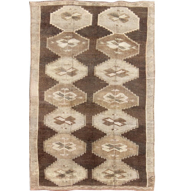 Vintage Turkish Kars Rug With All Over Geometric Design in Chocolate Brown and Earth Tones For Sale