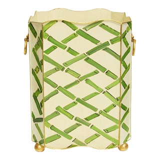 Matthew Izzo Home Wastebasket - Handpaint Square Green Bamboo Shoot Design With Scalloped Edges, Gold Leaf Trim and Gold Leaf Lion Head Handles For Sale