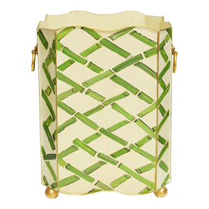 Matthew Izzo Home Wastebasket - Handpaint Square Green Bamboo Shoot Design With Scalloped Edges, Gold Leaf Trim and Gold Leaf Lion Head Handles