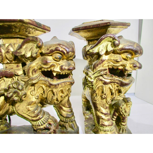 Wood Chinese Gilt Foo Dogs Candle Stands 19th Century - A Pair of 2 For Sale - Image 7 of 12