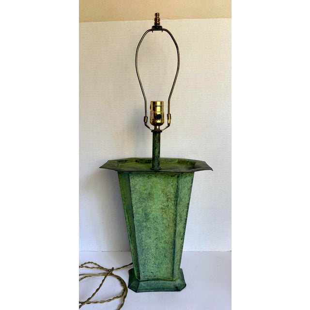 Vintage Verdigris Metal Table Lamp With Faceted Base & Tapered Shade For Sale - Image 4 of 12