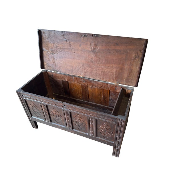 English Carved Oak Four-Panel Chest, 1680 For Sale - Image 6 of 8