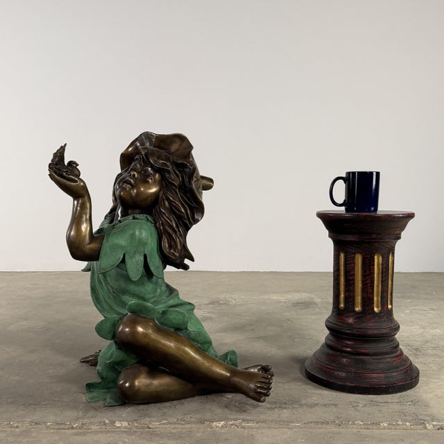 Bronze Garden Girl With Bird Sculpture – Verdigris Dress, 25” H Outdoor Statue For Sale - Image 9 of 9