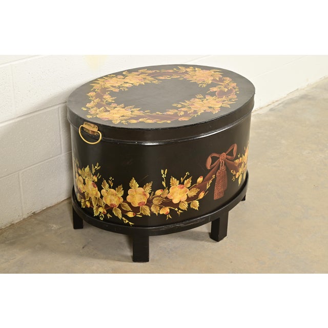 Neoclassical Maitland Smith Neoclassical Hand-Painted Black Lacquered Oval Toleware Box or Chest on Stand For Sale - Image 3 of 15