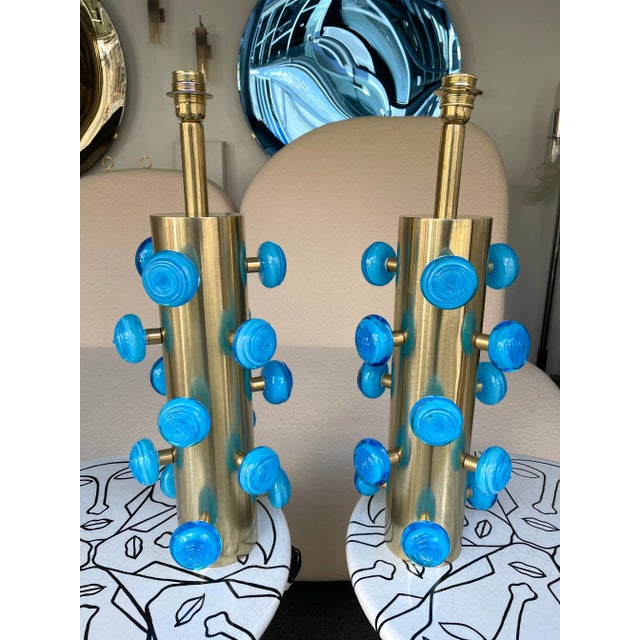 Contemporary Brass and Blue Murano Glass Spiral Lamps, Italy - a Pair EU Wired For Sale - Image 12 of 12