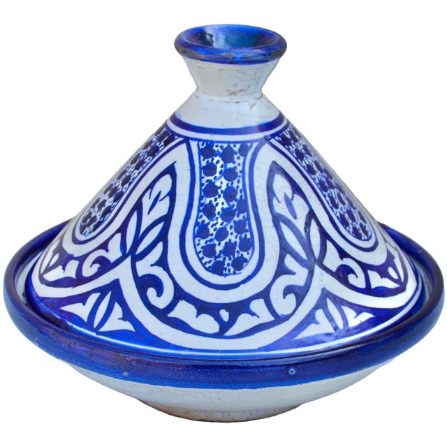 Early 20th Century meticulously handcrafted and glazed Moroccan decorative ceramic lidded bowl in an ornate silhouette,...