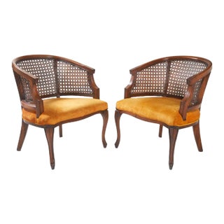 Mid 20th Century Vintage Pair Barrel Cane and Wood Chairs For Sale