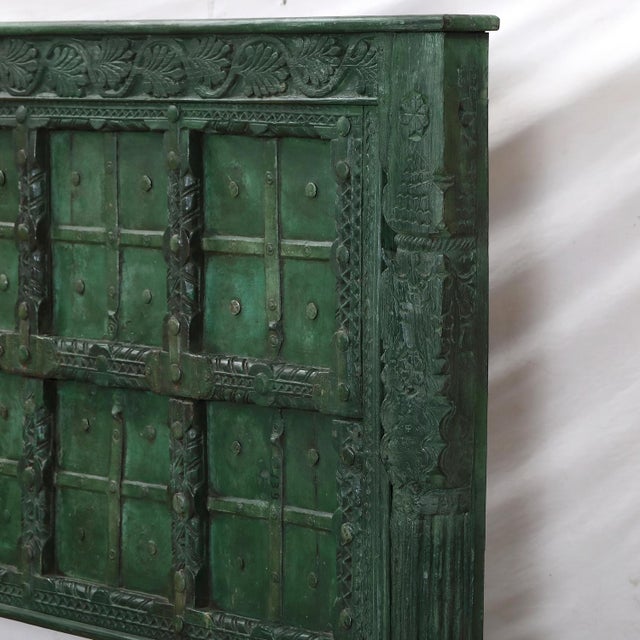 Indian Queen Headboard Constructed From an Antique Indian Painted Teakwood and Iron Door and Pillars For Sale - Image 3 of 5