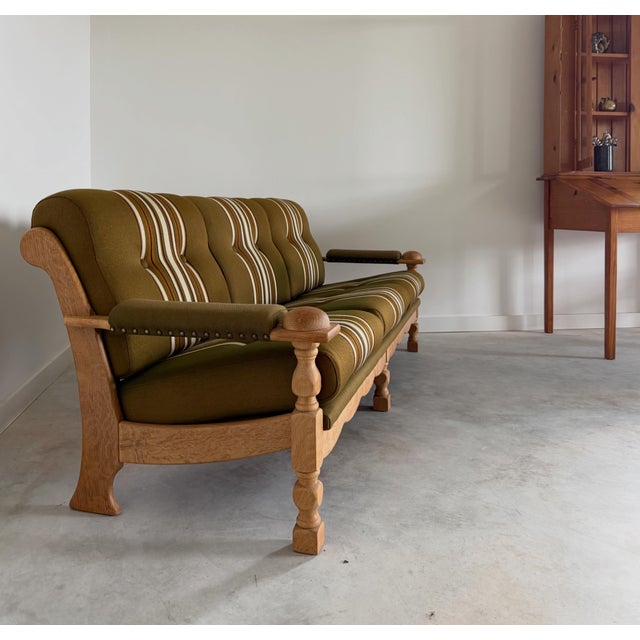 Scalloped Carved Turned Danish Oak Henning Kjærnulf Style Sofa Couch Olive Wool For Sale - Image 10 of 16