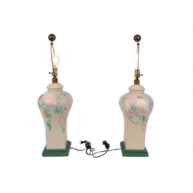 1980s Pair Vintage Francisco Ceja Tropical Leaf Lamps, Postmodern Pastel Palm Leaf Design Set of 2 For Sale - Image 5 of 9