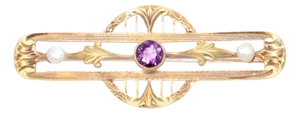 Antique Signed Allsopp-Bliss Co. Art Deco 14k Gold, Amethyst, & Pearl Brooch