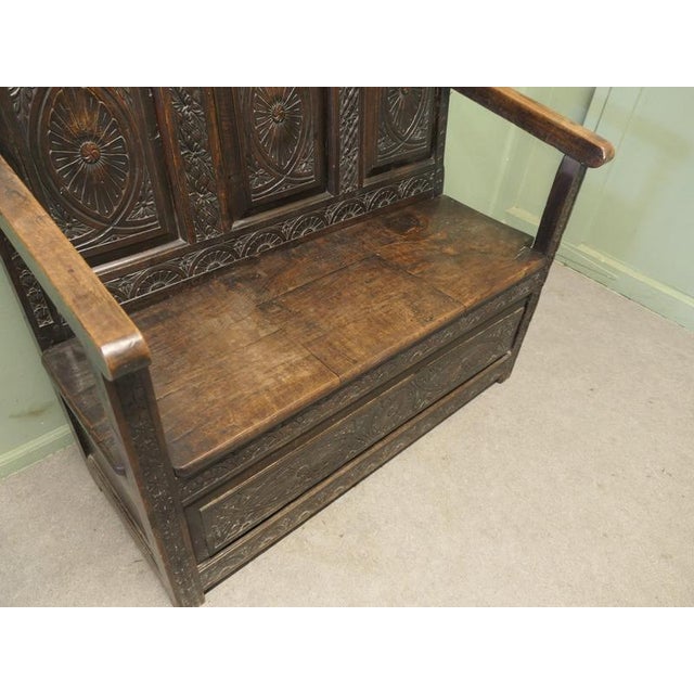 18th Century Carved High Back Oak Box Settle For Sale - Image 6 of 10