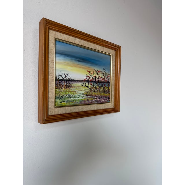 Beautiful 1980’s vintage oil on canvas painting featuring a serene coastal mangrove landscape filled with vibrant...