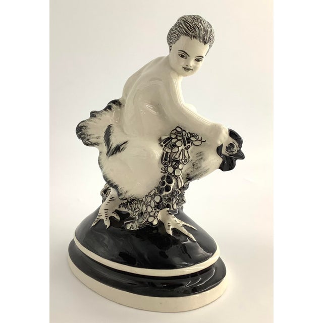 Very rare antique Austrian ART NOUVEAU figurine of a putto riding a rooster with flower garlands, crafted by the Wiener...