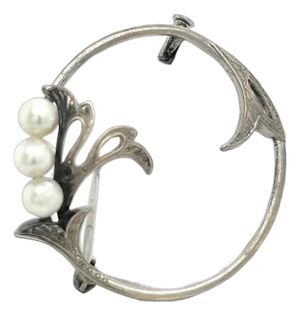 1990s Mikimoto Estate Akoya Pearl Brooch Pin Sterling Silver