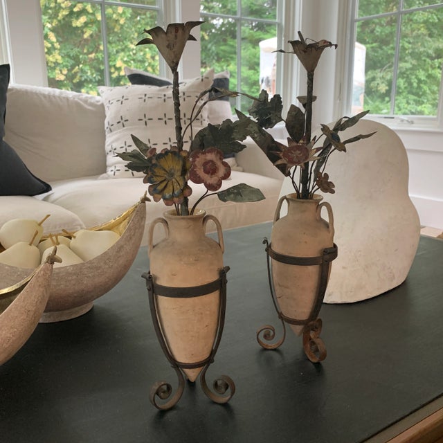 Antique French Tole Flowers in Pottery Urns- Pair For Sale In New York - Image 6 of 9