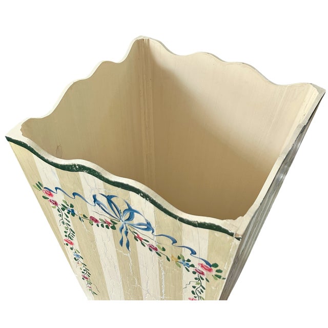Wood Hand-Painted Wooden Wasetbasket With Romantic Floral Swags, Bows and Stripes by Jane Keltner For Sale - Image 7 of 11