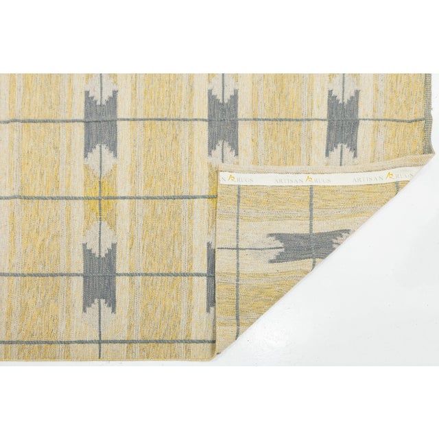 Mid-Century Modern Swedish Style Flat-Weave Wool Rug in Warm Gold, Soft Grey, and Ivory Geometric For Sale - Image 3 of 12