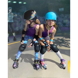 If You Want to Go Fast Go Alone by Denise Dambrackas | Acrylic and oil on panel Two girls on roller skates For Sale
