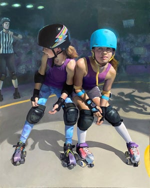 If You Want to Go Fast Go Alone by Denise Dambrackas | Acrylic and oil on panel Two girls on roller skates