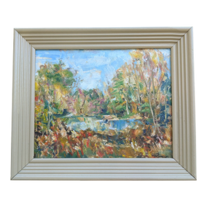 Original Impressionist Landscape Pond in Forest Oil Painting Signed