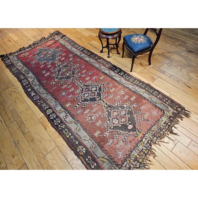 Vintage Turkish Tribal Kilim, Flat-Woven Medallion Pattern, Burgundy & Ivory, 5x11 For Sale - Image 11 of 13