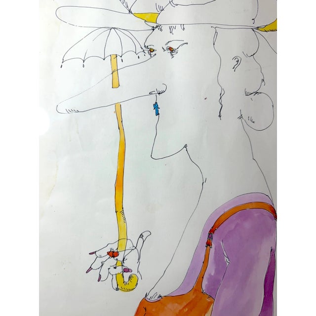 Vintage French Whimsical Elder Lady With Hat Mixed Media Drawing Sketch Art For Sale - Image 9 of 15