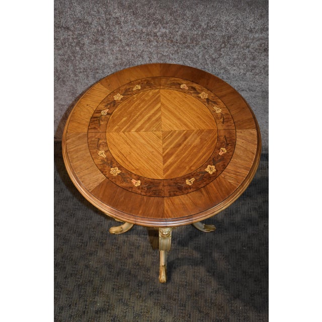 Antique Carved & Inlaid Round French Provincial Table W/Gold Highlights