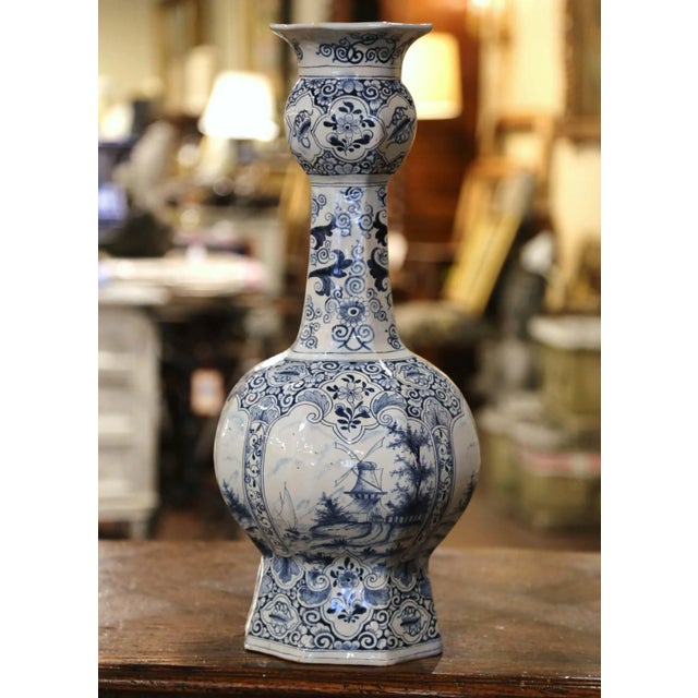 19th Century French Blue and White Delft Faience Vase With Windmill Scenes For Sale - Image 13 of 13