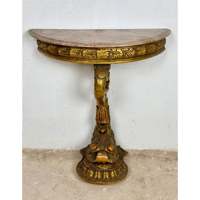 Gold Italian Giltwood Demi-lune Table with Marble Top, Mid-20th Century For Sale - Image 8 of 11