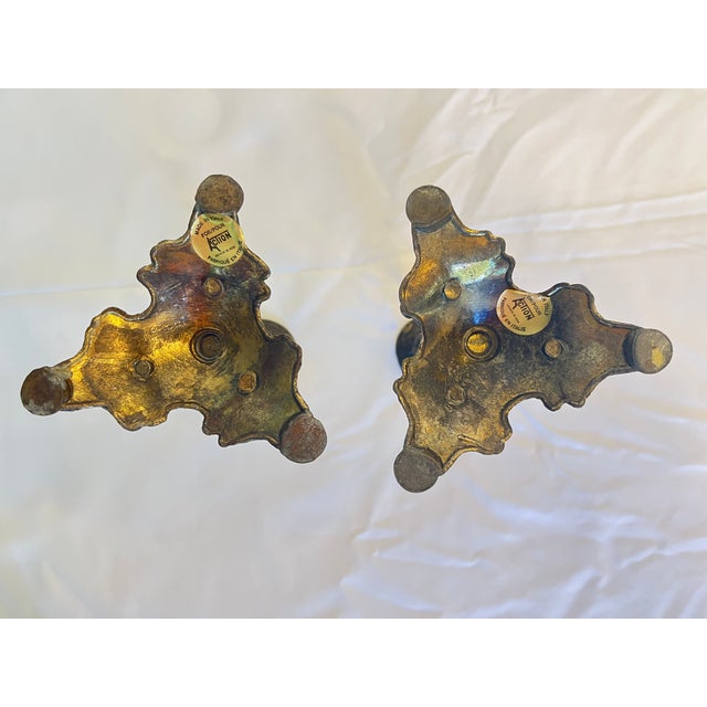 Vintage Ornate Brass Candle Holders Action Made in Italy 3 Footed Baroque 6" For Sale - Image 9 of 12