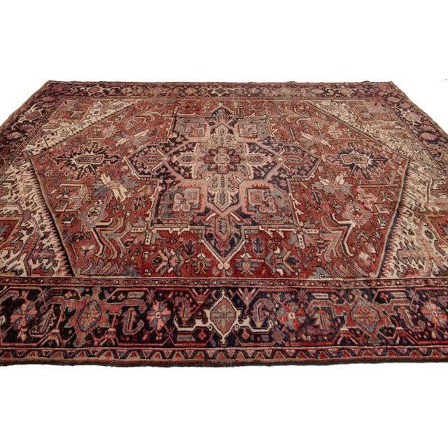 Burnt Orange Rust Antique Persian Heriz Handmade Wool Rug With Medallion Design For Sale - Image 8 of 9