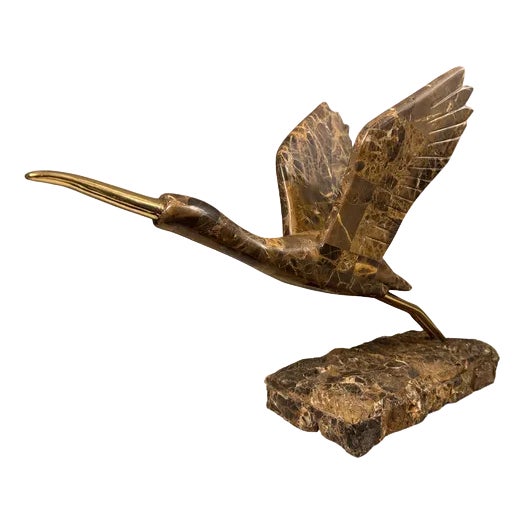 Tessellated Emperador Marble and Brass Bird by Maitland Smith, 1980s For Sale