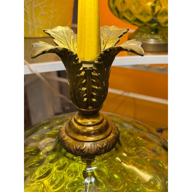 1960s Green Pressed Glass and Brass Finish Lamp Custom Foil Shade For Sale - Image 4 of 9