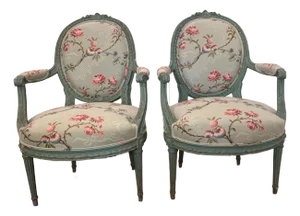 Early 20th Century Pair of Louis XVI Style Painted and Upholstered Fauteuils / Armchairs