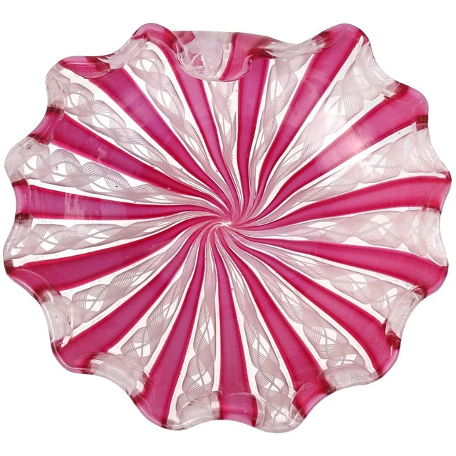 Glass Murano Fratelli Toso Pink White Ribbons Italian Art Glass Vintage Decorative Scalloped Rim Dish Bowl For Sale - Image 7 of 7