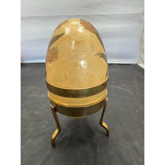 Asian Vintage Gold Beige Cloisonne Enamel Brass Egg on Stand Lift Off Trinket Box 6" For Sale - Image 3 of 10