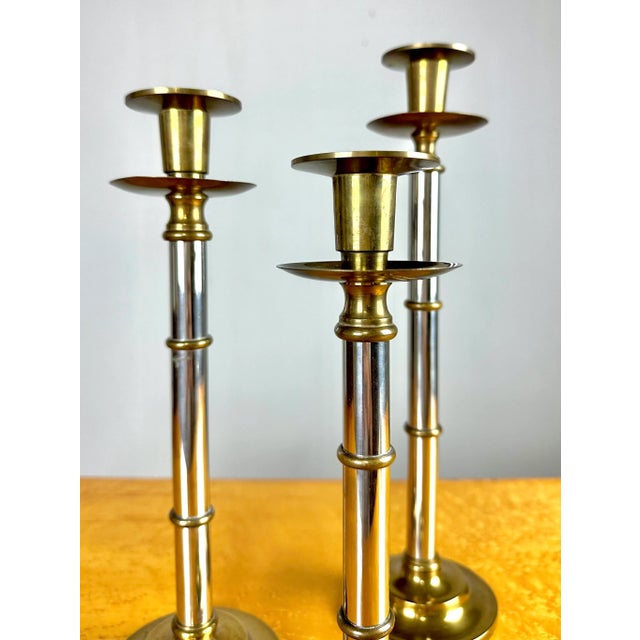 Mid-Century Modern Vintage Maitland Smith Style Chrome and Brass Faux Bamboo Candlestick Holders—set of 3 For Sale - Image 3 of 8