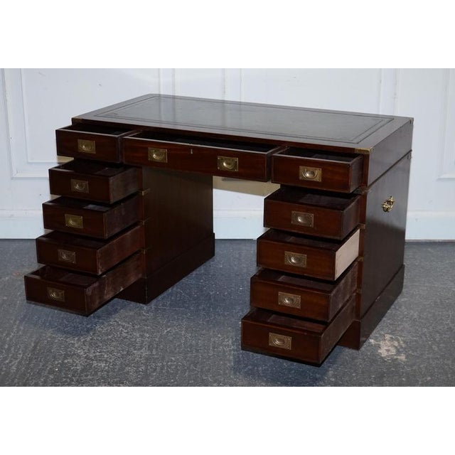 Fine Military Campaign Twin Pedestal Desk with Green Leather Top For Sale - Image 3 of 18