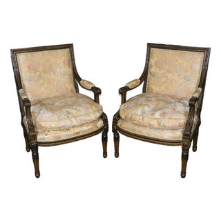 Pair of Antique French Louis XVI Style Silk Upholstered Armchairs For Sale