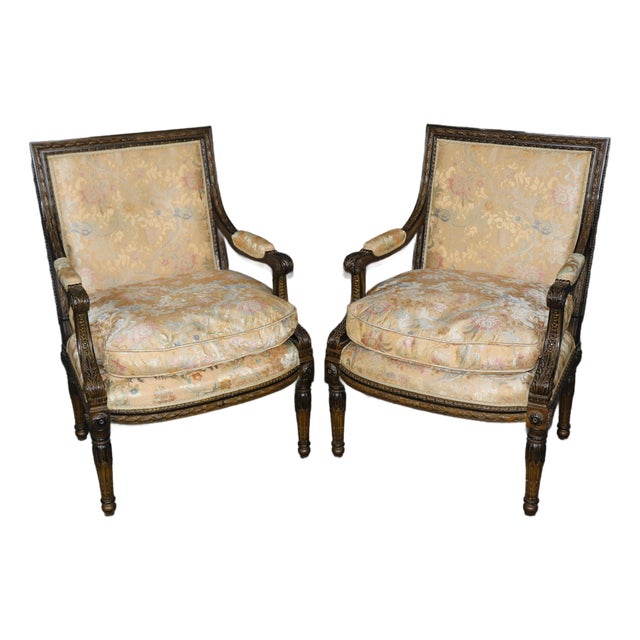 Pair of Antique French Louis XVI Style Silk Upholstered Armchairs For Sale
