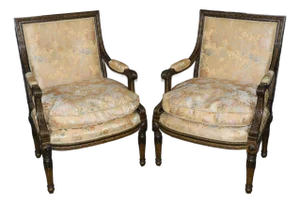 Pair of Antique French Louis XVI Style Silk Upholstered Armchairs