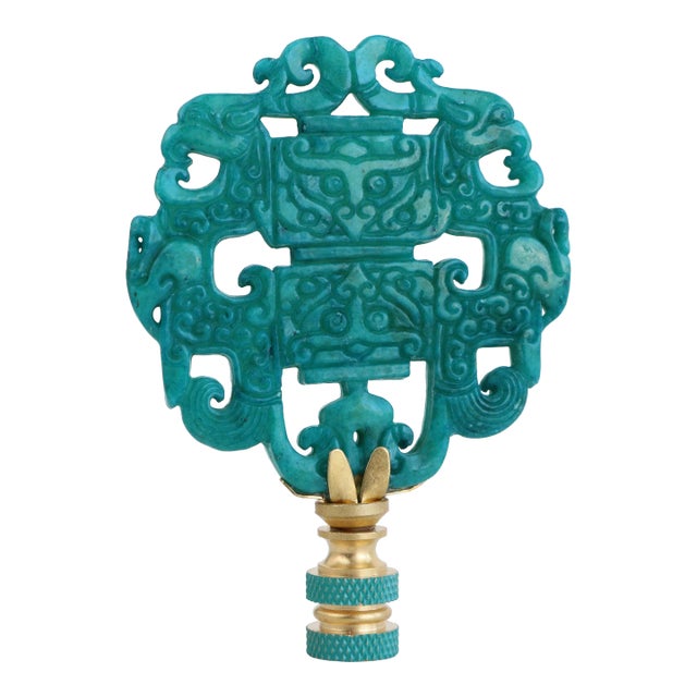 Chinese Archaic Style Carved Stone Lamp Finial on Brass Hardware For Sale