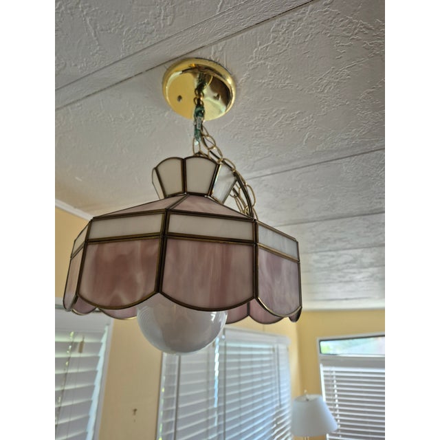 Art Nouveau Late 20th Century Pink and White Slag Glass Hanging Pendant Light For Sale - Image 3 of 5