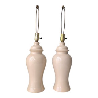 Vintage Beige Ginger Jar Glazed Ceramic Table Lamps - a Pair For Sale