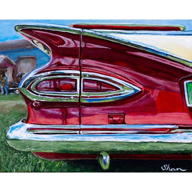 1959 Chevrolet El Camino by Shan Fannin | Acrylic on Wooden Cradle Board Rear view of a classic car For Sale