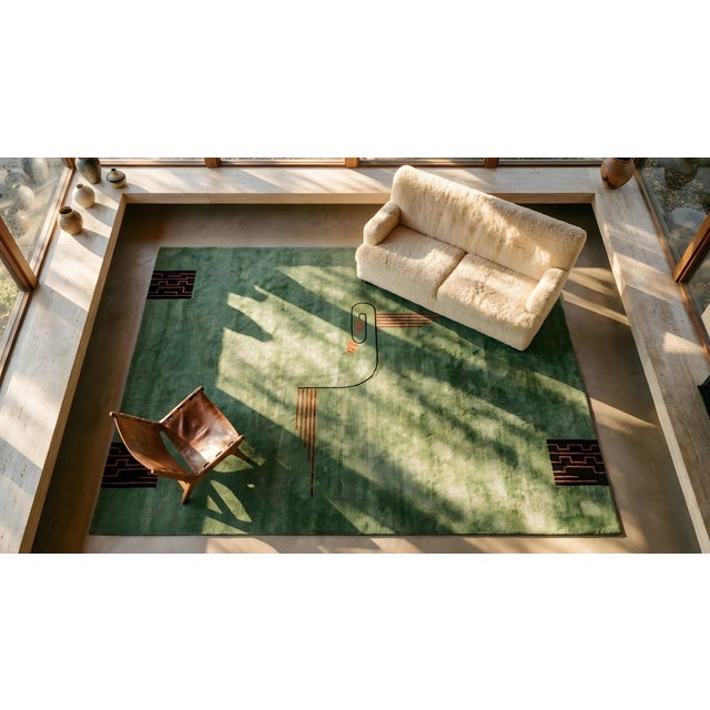Green 1920s Green Abstract Minimalist Antique Chinese Art Deco Rug 8'10'' X 11'7' Handknotted Wool Carpet For Sale - Image 8 of 10