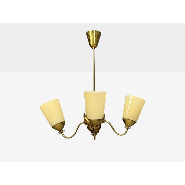 1950s Itsu Oy, Finnish Modern, Chandelier, Brass, Opal Glass For Sale In New York - Image 6 of 13