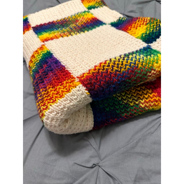 Vintage Hand Knit Grannie Square Checkered Afghan Throw For Sale - Image 4 of 11